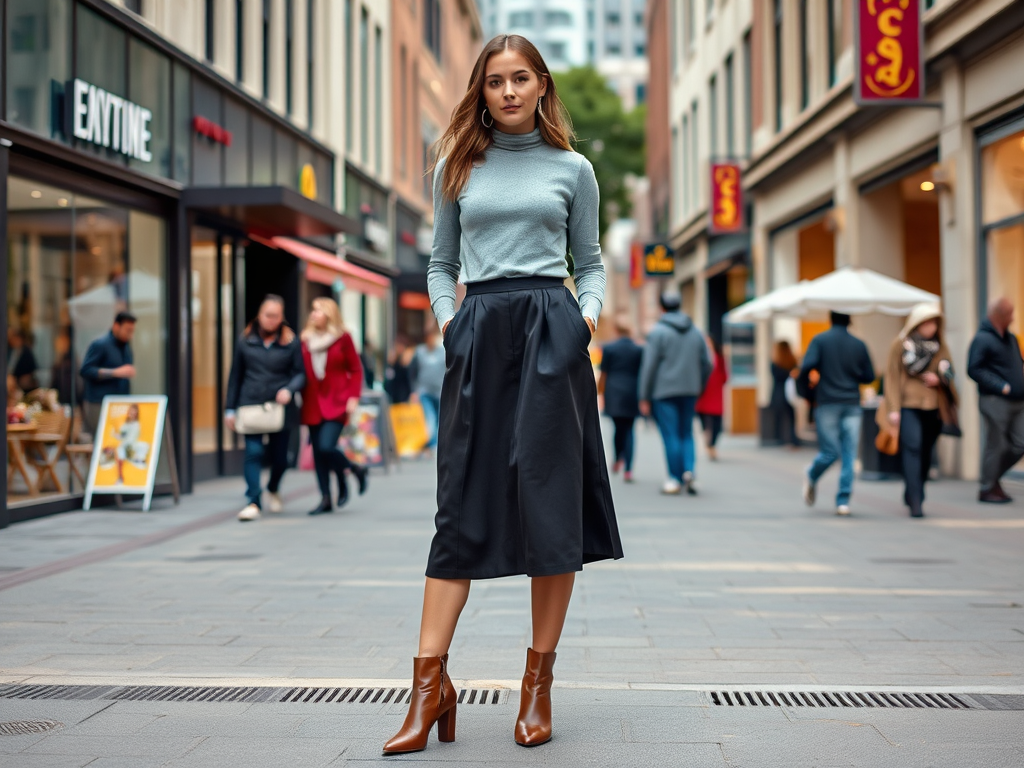 Een vrouw in stijlvolle kleding poseert op een winkelstraat vol mensen, met een moderne sfeer en moderne winkels.