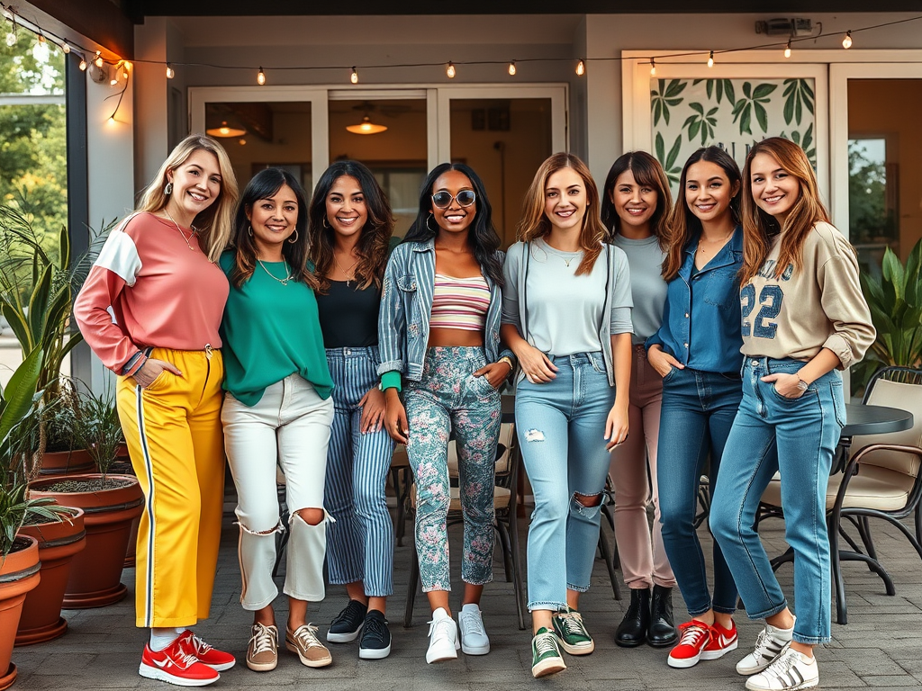 Negen vrouwen poseren samen in een kleurrijke setting, lachend en met modieuze outfits. Groene planten op de achtergrond.