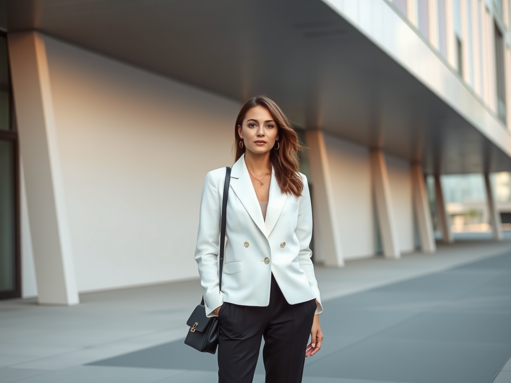 Een vrouw in een witte blazer en zwarte broek staat buiten bij een modern gebouw.