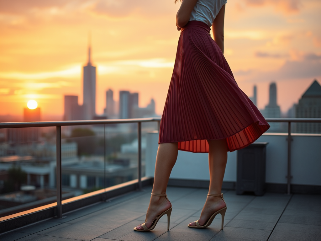 Een vrouw in een plissérok geniet van de zonsondergang met een stedelijke achtergrond.