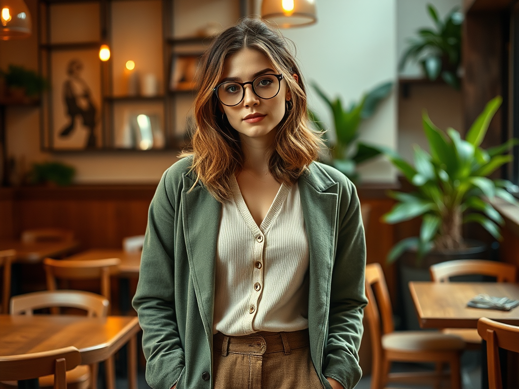 Een jonge vrouw met een groene blazer en een wit shirt staat in een warme caféomgeving met planten.