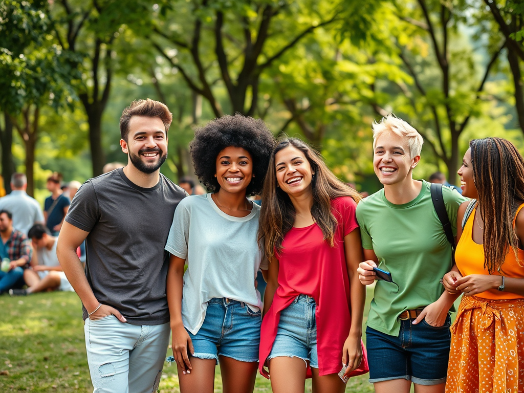 Een groep van vijf vrienden lacht en poseert samen in een park, omringd door bomen en andere mensen.